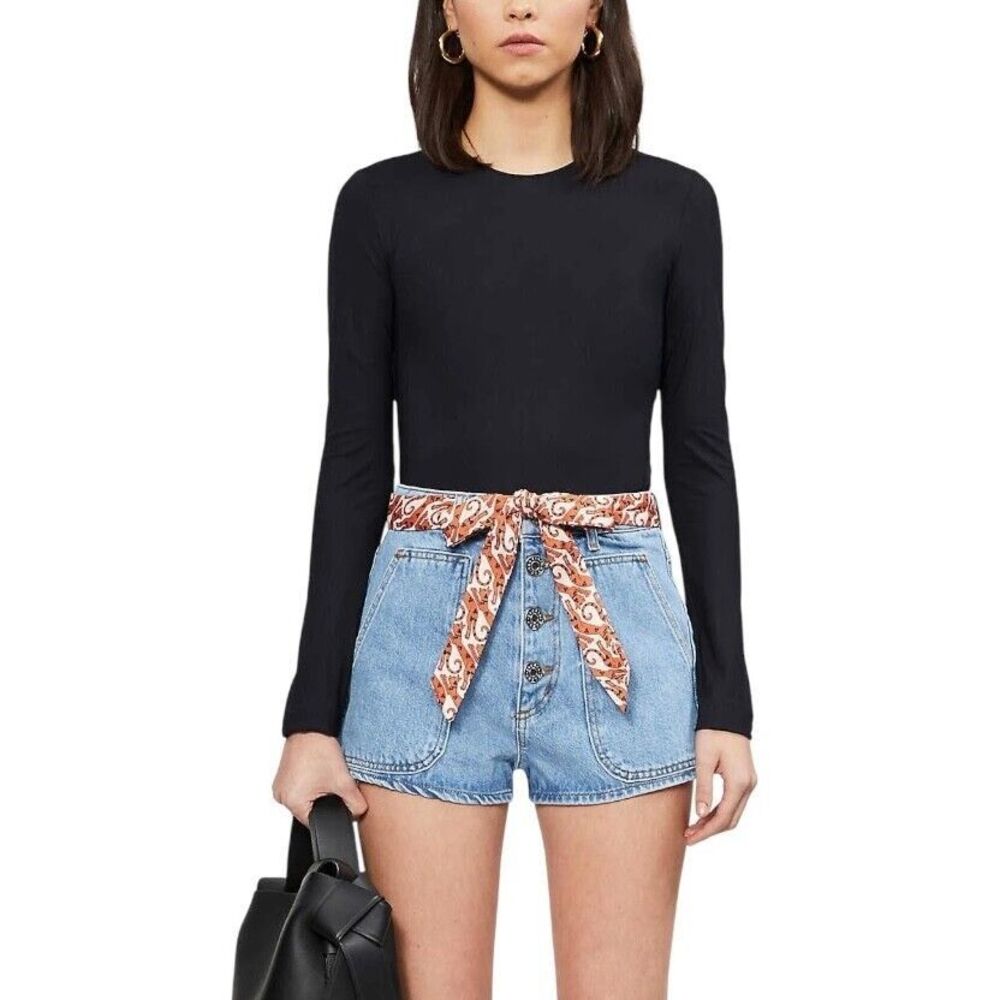 New SANDRO Paris Belted Blue Jean Shorts Size 34 Womens 2 High Rise Denim ($220)